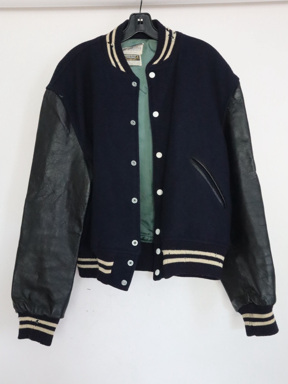 Vintage Hopkins Navy and Black Varsity Jacket with Leather Sleeves